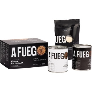A FUEGO paella valenciana Quique Dacosta  para 4 personas estuche con 1 lata de caldo, 1 lata de ingredientes y 1 bolsa de arroz