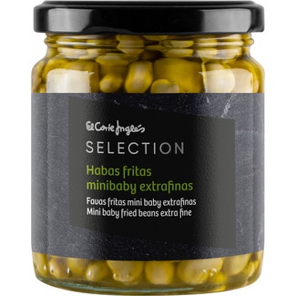 EL CORTE INGLES SELECTION habas fritas minibaby en aceite de oliva frasco 225 g