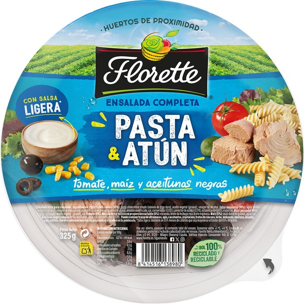 Ensalada Completa pasta y atún con tomate, maíz y aceitunas negras tarrina 325 g