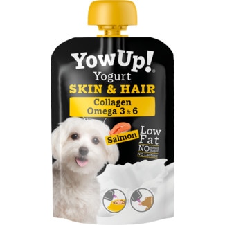 Yowup Iogurte para Cão Pêlo e Cabelo sabpr Salmão embalagem 115 g