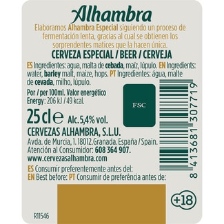Cerveza rubia pack 6 botellas 25 cl - Alhambra Especial
