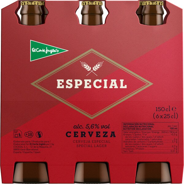 precios El Corte Ingles Cerveza Rubia Especial Tipo Lager Pack 6 Botellas 25 Cl en Hipercor