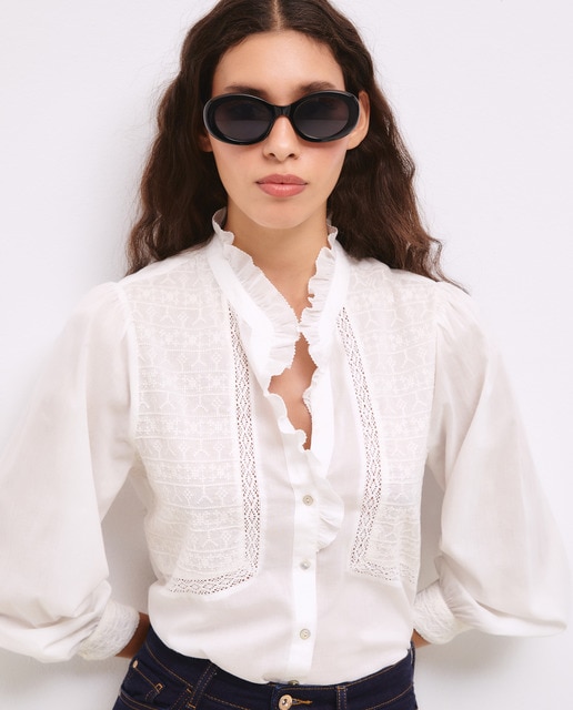 Camisa de mujer manga larga volante y bordado