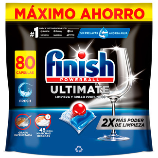 FINISH detergente lavavajillas Powerball Ultimate All en 1 con tecnología Activelift bolsa 80 dosis