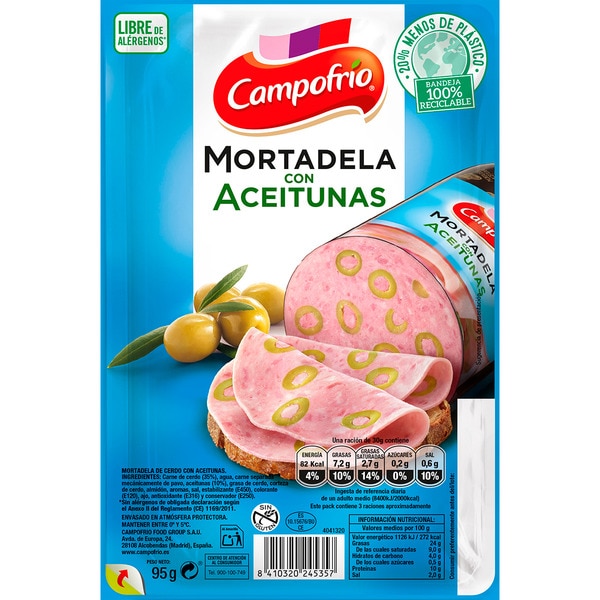 Mortadella mit Oliven in Scheiben, speziell für belegte Brote, glutenfrei Behälter 95 g