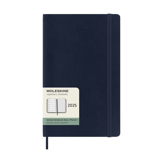 Agenda large 2025 semana vista tapa blanda Moleskine azul zafiro en inglés.