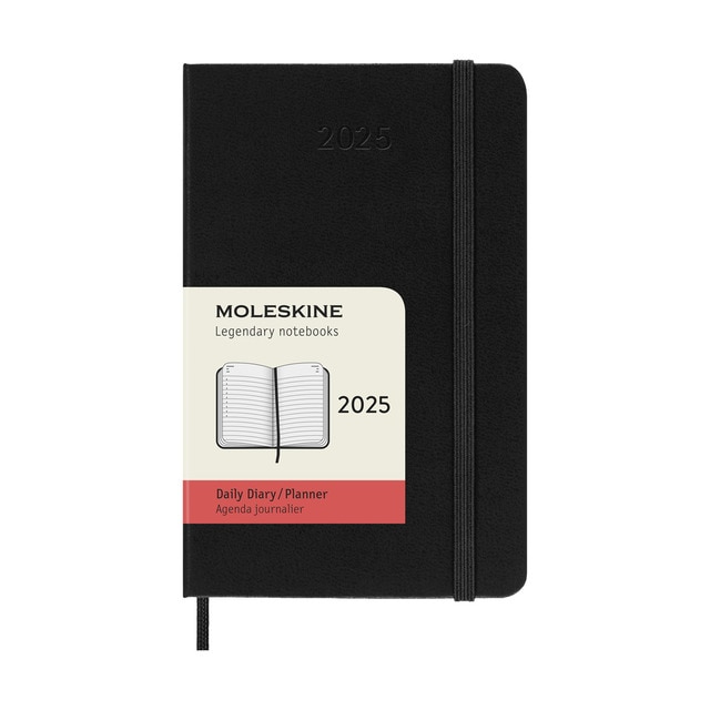 Agenda pocket 2025 día página tapa dura Moleskine negro en inglés.