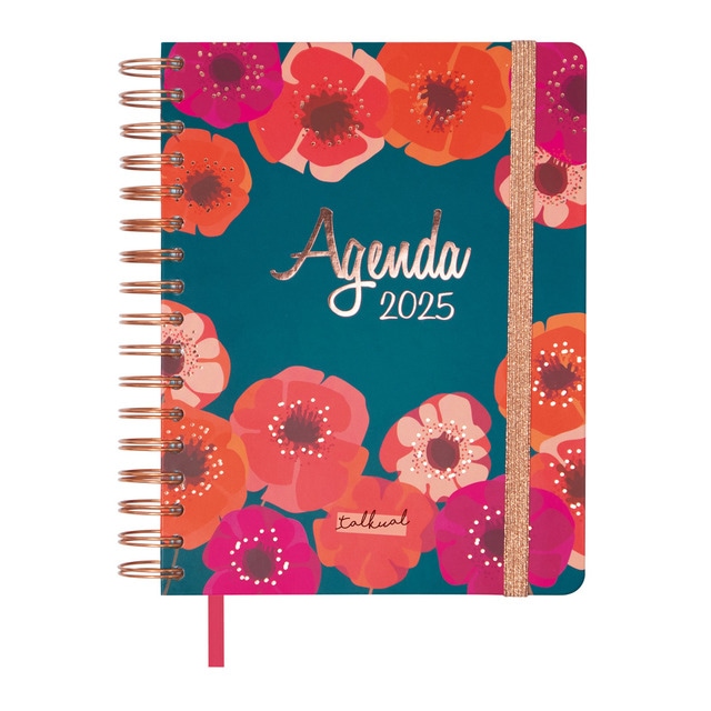 Agenda espiral doble año 2025 Talkual 4º-155x217 mm 1 día página Flor Finocam multicolor.