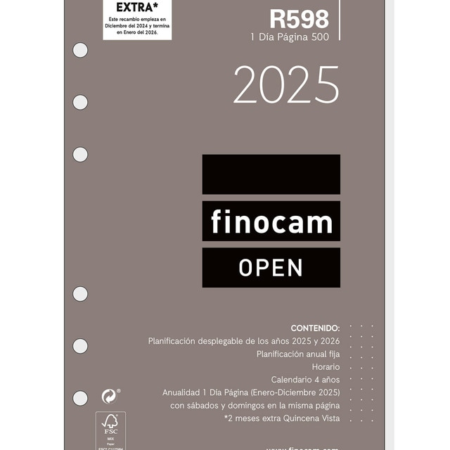 Recambio anual año 2025 Open R598 500-117x181 mm 1 día página Finocam.