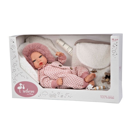 Bebé Reborn 40 cm Manuela rosa con bolso y cojín