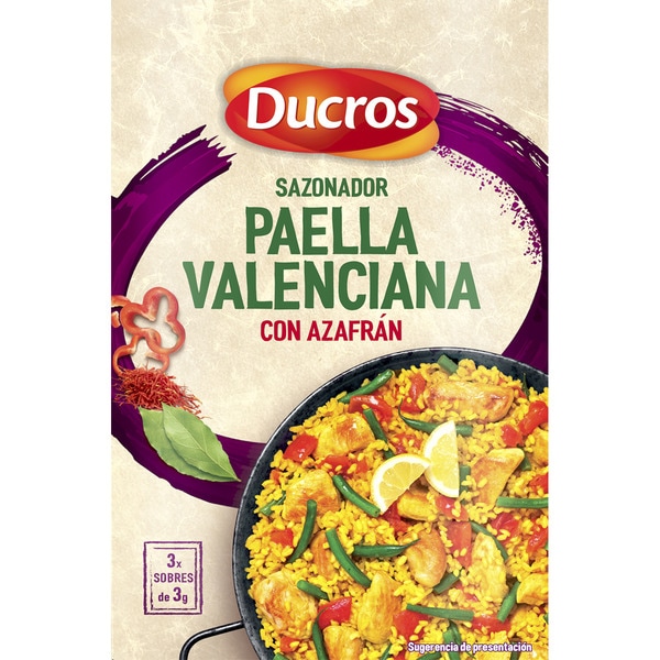sazonador paella valenciana con azafrán, pimentón y laurel 3 sobres caja 9 g