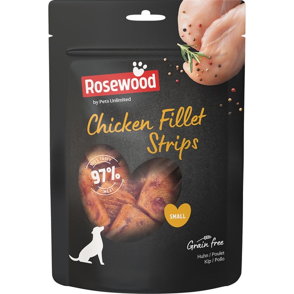 Kleine Snackstreifen für ausgewachsene Hunde Hähnchenfilets Grain Free Behälter 150 g