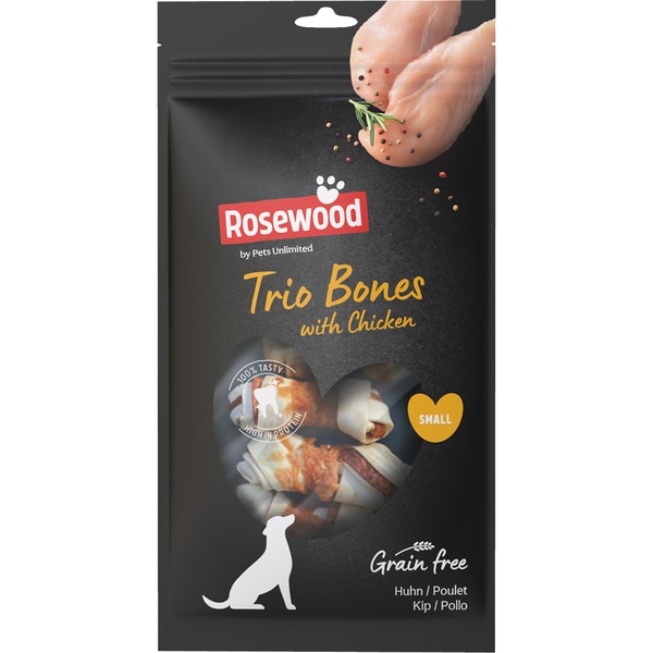 Snack para perros adultos minis y pequeños trío huesos pollo Grain Free envase 80 g