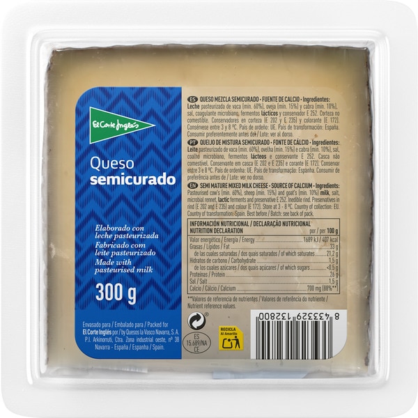 queso semicurado mezcla elaborado con leche pasteurizada cuña 300 g