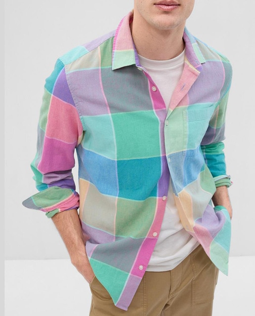 Camisa sport a cuadros multicolor lino regular fit de hombre