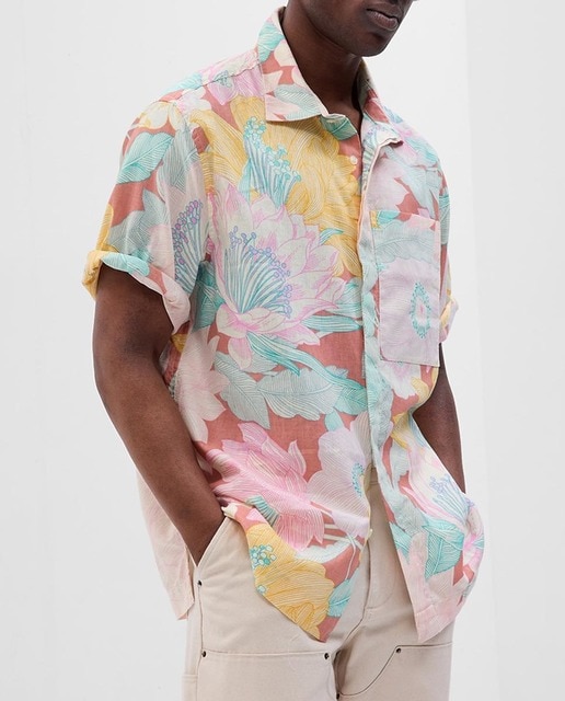 Camisa en lino estampado de hombre