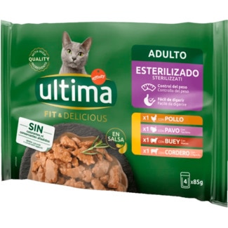 Ultima Alimento Húmido para Gato Esterilizado Seleção de Carnes 4x85g embalagem 340 g