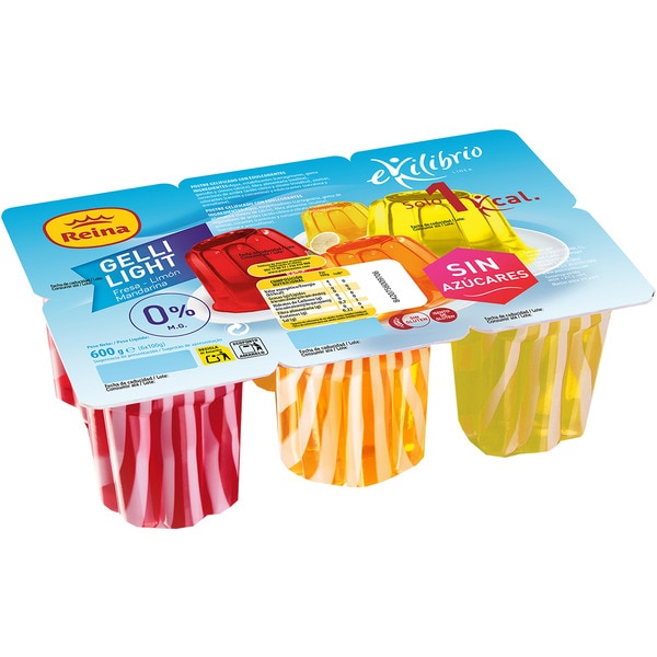Ekilibrio Gelli Light gelificado desnatada 0% m.g. sin azúcares sabores fresa, limón y mandarina sin gluten pack 6 unidades 100 g