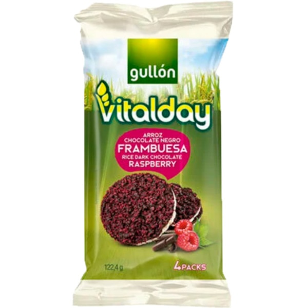 Bolachas de Arroz Cobertas com Chocolate Preto e Framboesa Pack 4 unidades embalagem 122,4 g