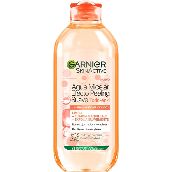 Skin Active agua micelar efecto peeling suave Todo en 1 para rostro, ojos y labios frasco 400 ml para todo tipo de pieles