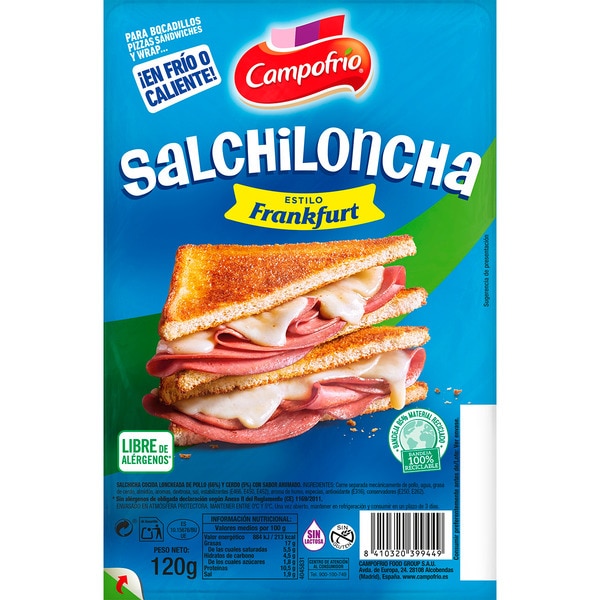 salchicha Frankfurt cocida de cerdo y pollo sabor ahumado en lonchas envase 120 g sin gluten sin lactosa