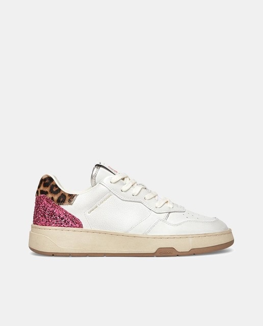 Zapatillas Timeless de mujer tipo basket bajas en piel con animal print y glitter
