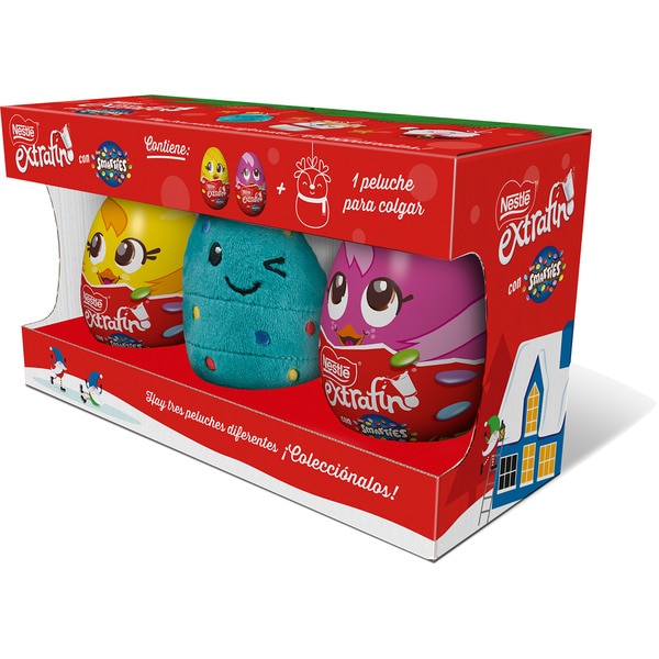 Smarties Packung 2 Eier + ein Plüschtier zum Aufhängen Auswahl verschiedener Designs Einheit 80 g je nach Verfügbarkeit