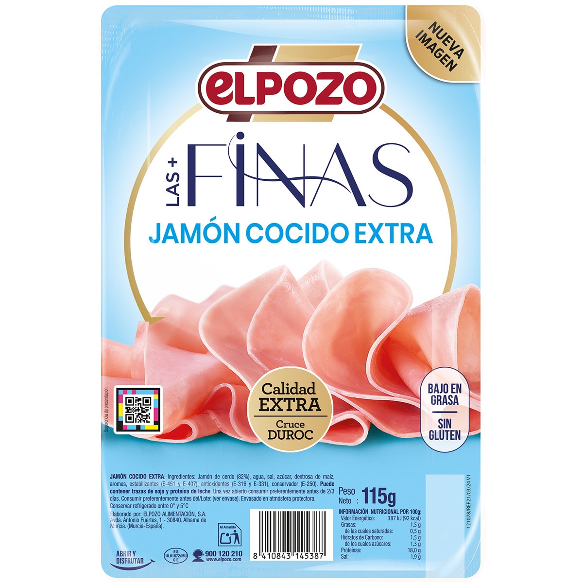 Extrafinas jamón cocido extra cruce Duroc bajo en grasa envase 115 g sin gluten - Elpozo