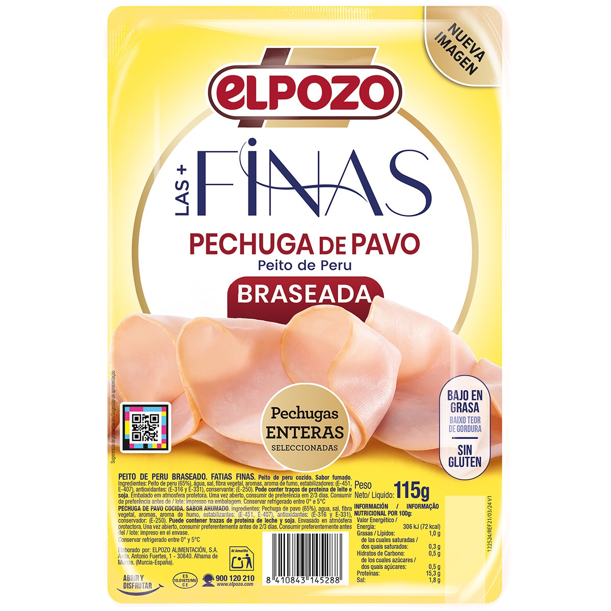 Extrafinas pechuga de pavo braseada bajo en grasa en lonchas sin gluten envase 115 g - Elpozo