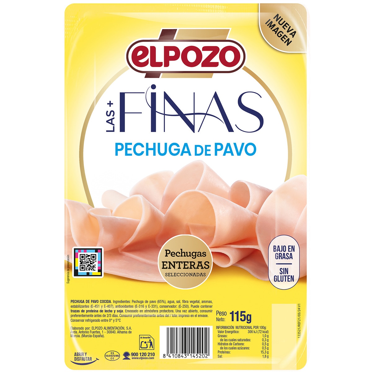 Extrafinas pechuga de pavo bajo en grasa en lonchas envase 115 g sin gluten - Elpozo
