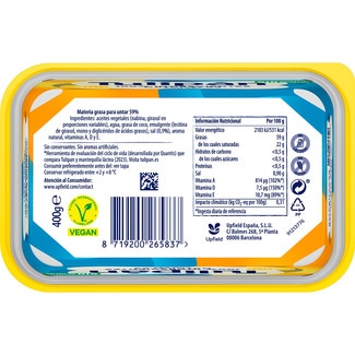 Margarina con sal sin aceite de palma sin gluten sin lactosa tarrina 400 g - Tulipan