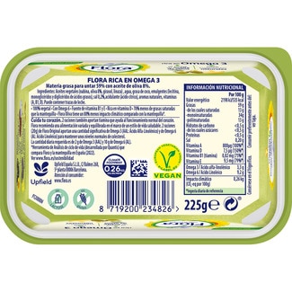 Margarina rica en omega 3 al toque de aceite de oliva sin aceite de palma tarrina 225 g sin gluten sin lactosa - Flora