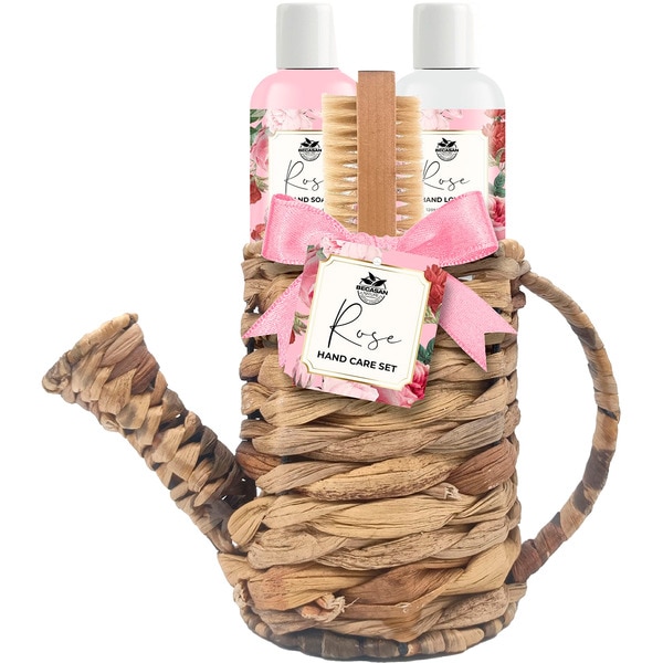 regadera mimbre rosa salvaje con jabón de manos 120 ml + crema de manos 120 ml + cepillo