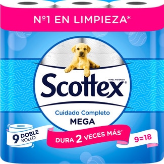 SCOTTEX papel higiénico Cuidado Completo Megarollo 2 capas paquete 9 rollos