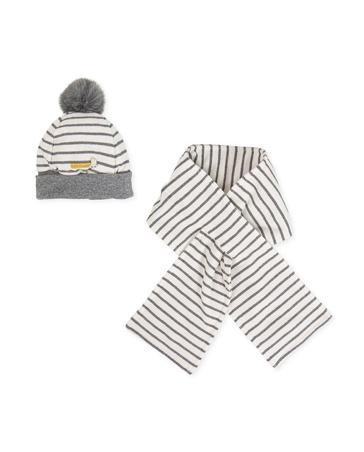 Conjunto de bebé niño de gorro y bufanda de rayas en color antracita