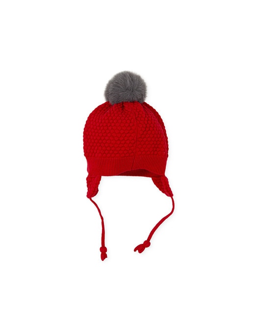 Gorro de tricot con pompón de pelo rojo