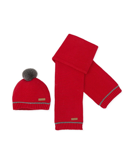 Conjunto bebé niño de gorro y bufanda de tricot en rojo