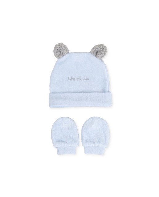 Conjunto gorro con orejitas y manoplas niño celeste