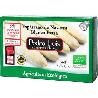 PEDRO LUIS espárragos blancos ecológicos IGP de Navarra muy gruesos 4-8 piezas lata 250 g neto escurrido