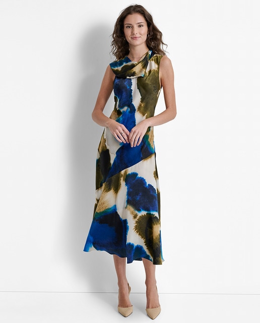 Vestido midi sin mangas con lazada al cuello