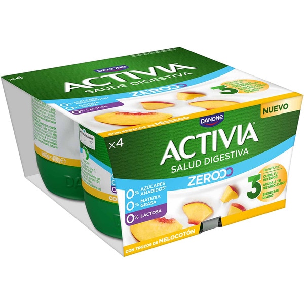 Triple Zero bífidus con trozos de melocotón desnatado 0% m.g. 0% azúcares añadidos pack 4 unidades 120 g sin gluten sin lactosa