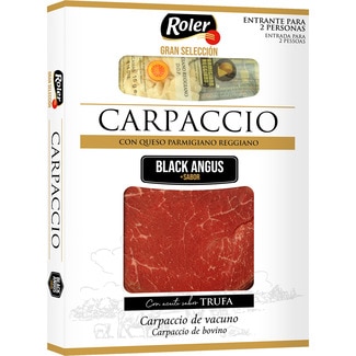 carpaccio de vacuno raza Black Angus sin gluten con queso Parmigiano Reggiano y con aceite sabor trufa