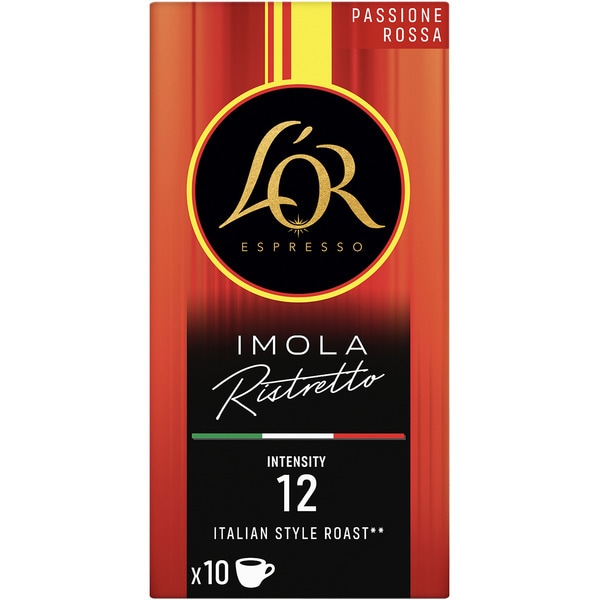 café ristretto Imola Passione Rossa tostado estilo italiano con intensidad 12 estuche 10 cápsulas compatibles con máquinas Nespresso
