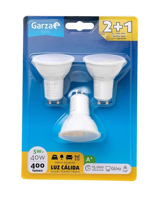 Pack de 3 bombillas LED GU10 5W luz cálida Garza