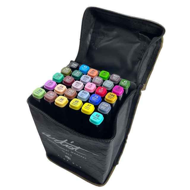 Bolsa canvas 30 rotuladores Professional Markers doble punta, biselada y fina, tintas base alcohol ARTIST by Alex Bog multicolor..