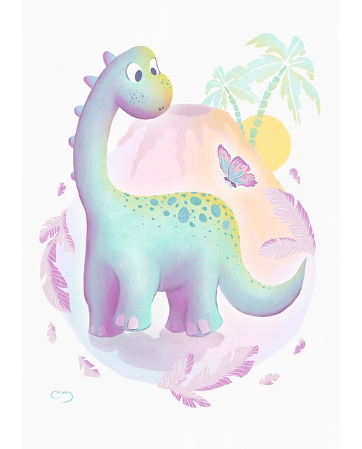 Lámina infantil ilustración dinosaurio con palmeras verdes