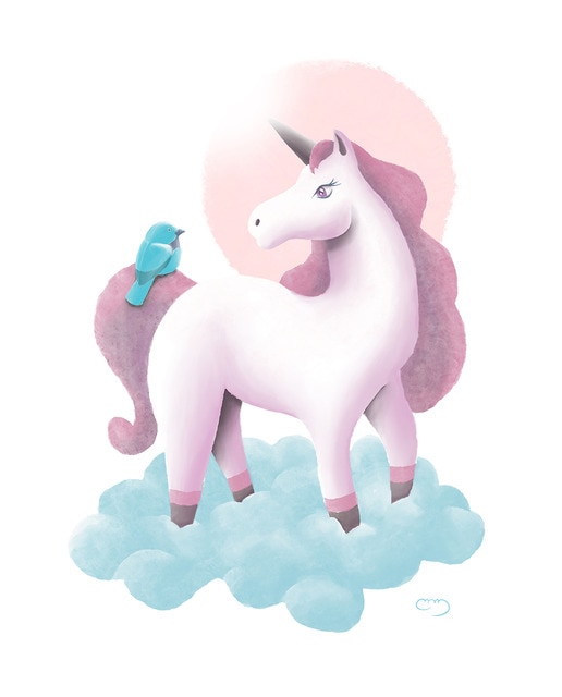 Lámina infantil ilustración unicorno en nube azul