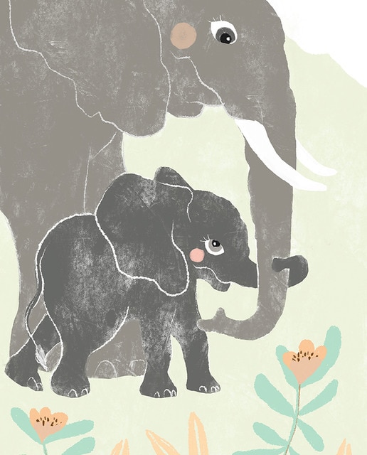 Lámina infantil ilustración familia elefante gris