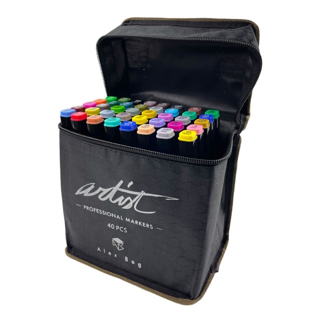Bolsa canvas 40 rotuladores Professional Markers doble punta, biselada y fina, tintas base alcohol ARTIST by Alex Bog multicolor..