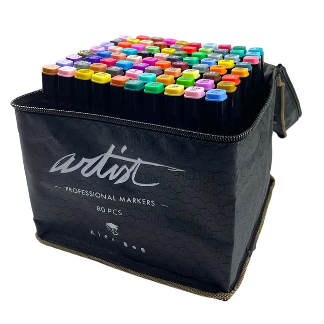 Bolsa canvas 80 rotuladores Professional Markers doble punta, biselada y fina, tintas base alcohol ARTIST by Alex Bog multicolor..
